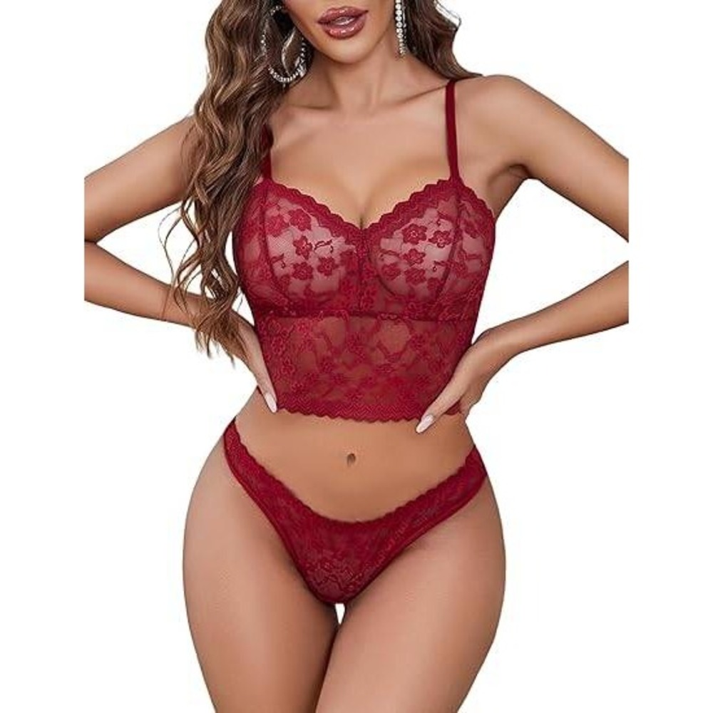 Avidlove L Wine Red Lingerie Sets for Women Two Piece Sexy Sheer Lace Pajamas